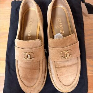 Chanel Suede Loafers with Gold Emblem